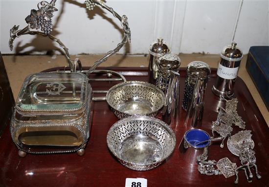 Plated sweetmeats stand, box cruets etc.